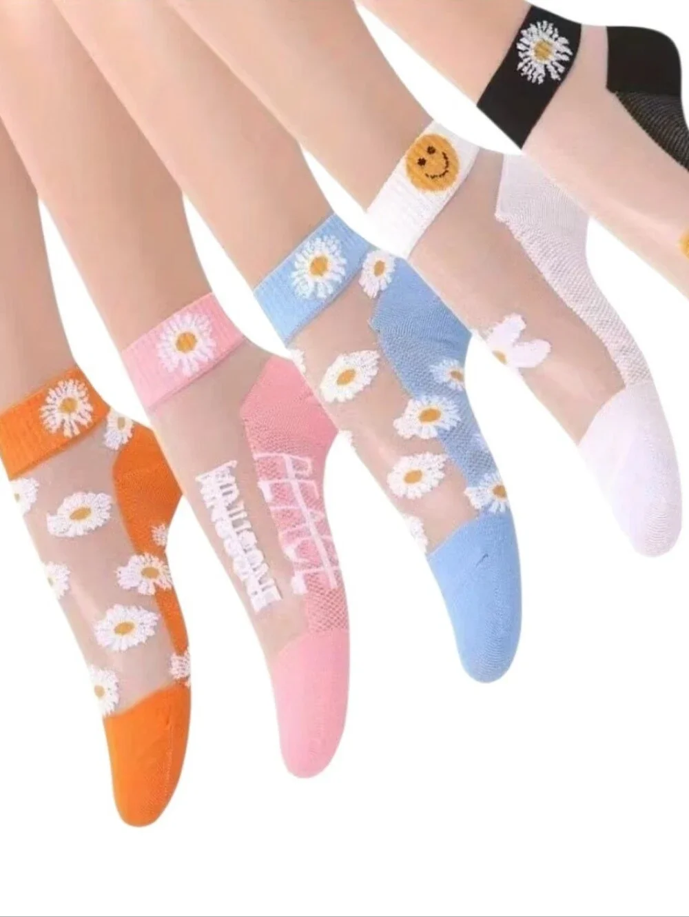 5 Pairs Floral Print Short Socks, Breathable & Lightweight Transparent Socks